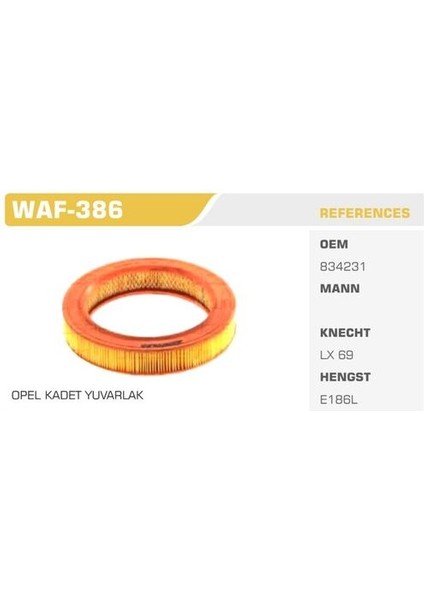 WAF-386 Hava Filtresi Kadett D 79-84 1.3n 60HP Kolı: 36 Ad