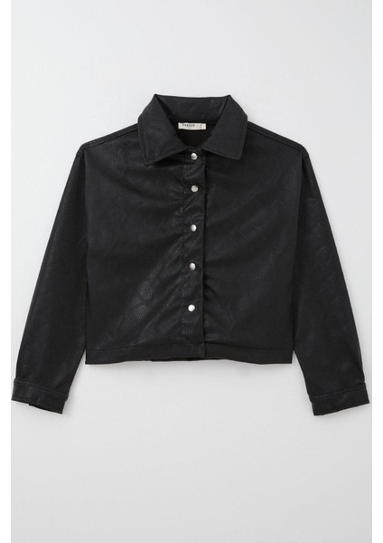 Kız Çocuk Deri Ceket Çıtçıtlı Desenli 9-14 Yaş, Siyah