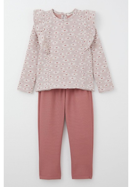 Kız Çocuk Taytlı Takım Çiçek Desenli Fırfırlı 3-7 Yaş, Gülkurusu