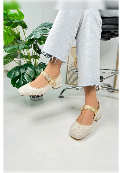 Günlük Babet Inci Bantlı Topuklu Ayarlanabilir Tokalı Oval Burunlu Hafif Rahat Ayakkabı 381 fiyatları