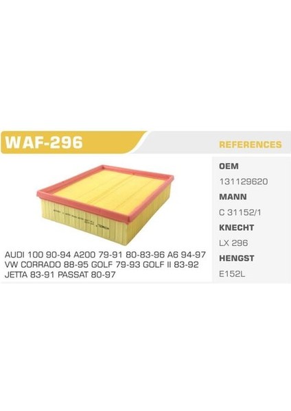 WAF-296 Hava Filtresi Golf Iı Jetta Passat 88-97 A6 94-97 Kolı: 25 Ad FN4732