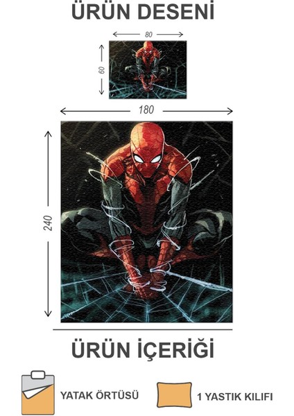 Kapitoneli Pamuk Dolgulu Kadife Kumaş Spiderman Desenli Tek Kişilik Çocuk Genç Yatak Örtüsü Seti