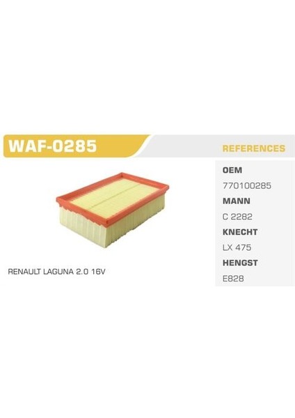 WAF-0285 Hava Filtresi Laguna I 96-00 Safrane 96-00 2.0 16V 140HP Kolı: 40 Ad