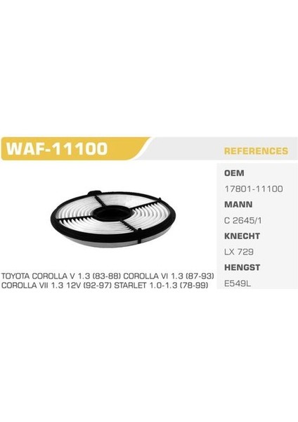 WAF-11100 Hava Filtresi Corolla 88-98 1.3 2e Kolı: 40 Ad FN3328