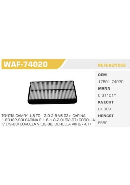 WAF-74020 Hava Filtresi Corona AT191 3s 92-97 Camry 88-91 Carina 88-92 2.0d Kolı: 20 Ad