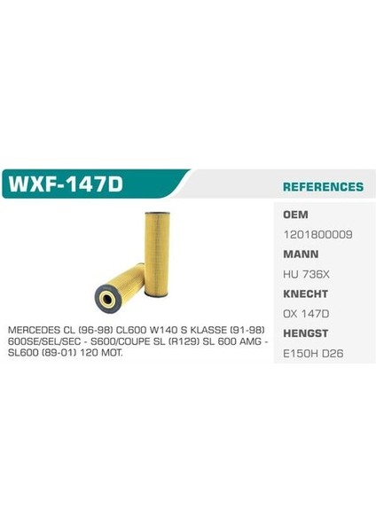 WXF-147D Yağ Filtresi Mercedes Sl Renault 129 Sl 600 394HP 92-01 Eco Kolı: 50 Ad FN1106
