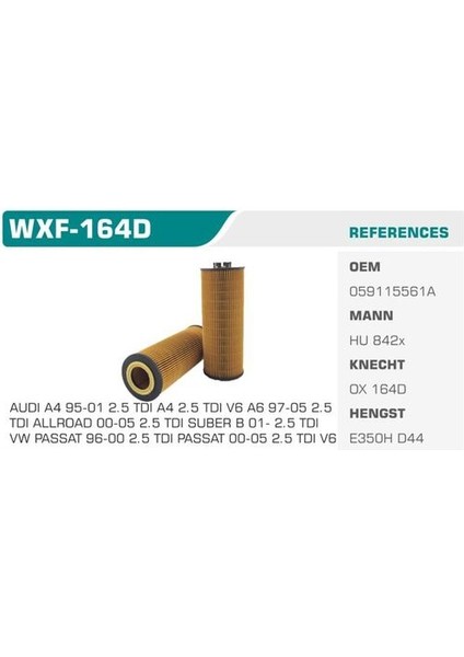 WXF-164D Yağ Filtresi Passat A4 A6 A8 2.5 Tdı Afb Akn Eco Mann Tipi Kolı: 50 Ad FN1124
