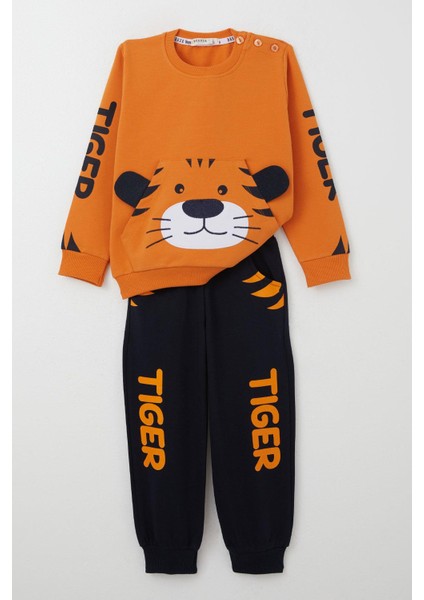 Erkek Çocuk Eşofman Takım Kaplan Nakışlı 1-4 Yaş, Hardal Sarı