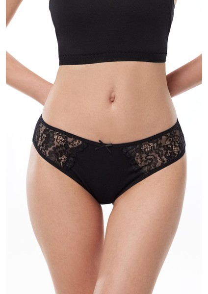 Kadın Siyah 3 Lü Paket Pamuk Elastan Dantelli Slip Külot 149 3M149