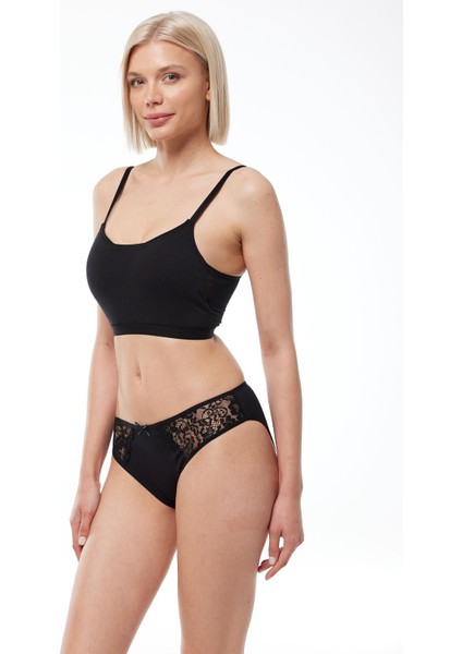 Kadın Siyah 3 Lü Paket Pamuk Elastan Dantelli Slip Külot 149 3M149