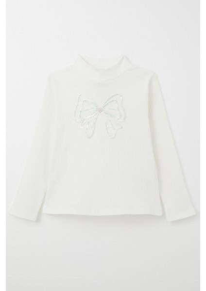 Kız Çocuk Uzun Kollu Tişört Tül Fiyonk Armalı 8-14 Yaş, Ekru