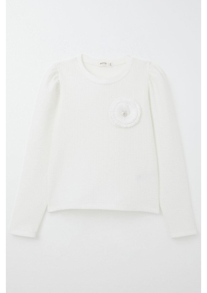 Kız Çocuk Uzun Kollu Tişört Taşlı Gül Armalı 9-14 Yaş, Ekru