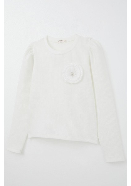 Kız Çocuk Uzun Kollu Tişört Taşlı Gül Armalı 9-14 Yaş, Ekru modelleri