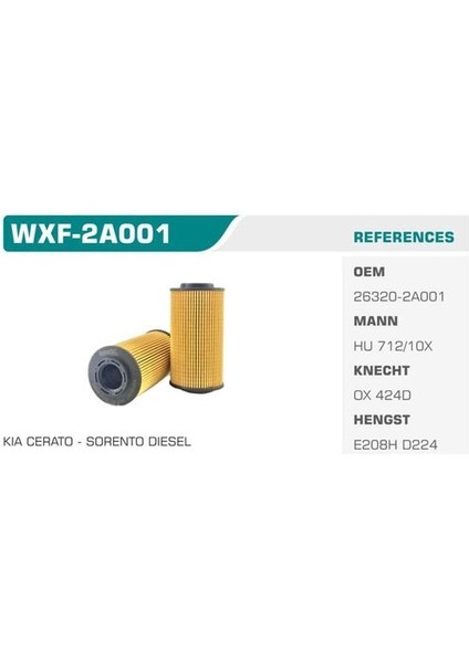 WXF-2A001 Yağ Filtresi Accent Era Getz I30 Ceed Cerato Rio 1.5 Crdı 1.6 Crdı 4cyl Eco Kolı: 50 Ad FN0059