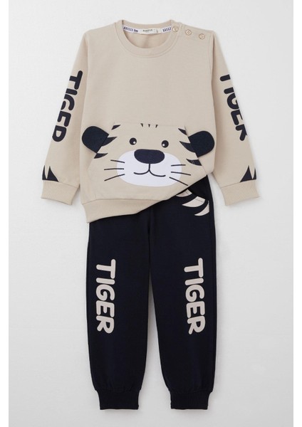 Erkek Çocuk Eşofman Takım Kulakları Hareketli Kaplancık Nakışlı 1-4 Yaş, Bej