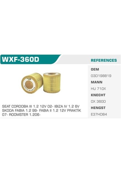 WXF-360D Yağ Filtresi Golf Polo 02-09 Fox 05-Touran Cordoba 02-Toledo 02-Ibiza Iv V 02-Fabia 02-09 1.2 12V Eco Mann Tipi Kolı: 50 Ad FN1086