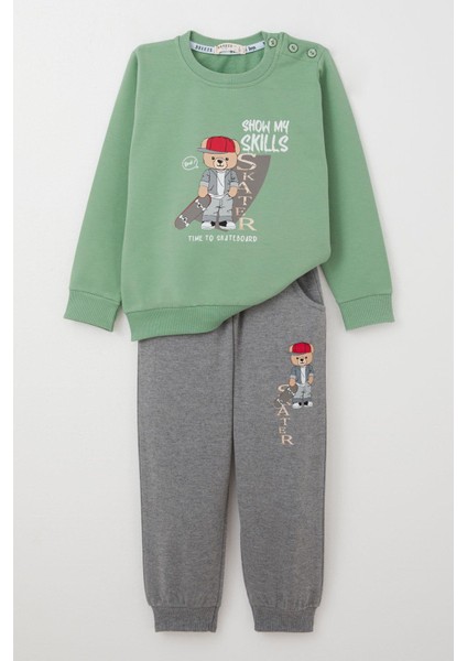 Erkek Çocuk Eşofman Takım Kaykaycı Sevimli Ayıcık Baskılı 1-4 Yaş, Mint Yeşili