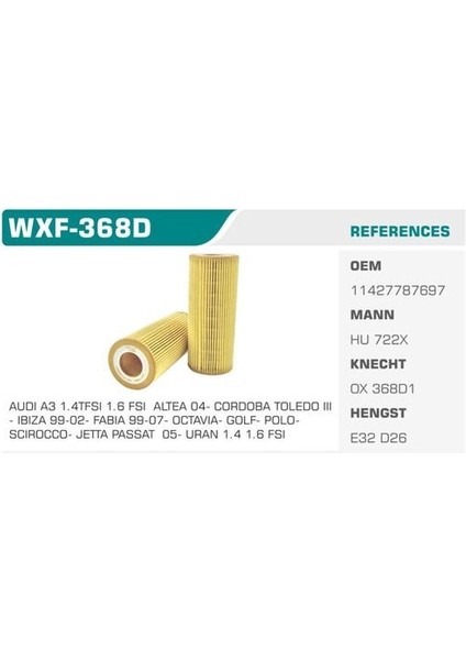 WXF-368D Yağ Filtresi Bmw 3 Bmw 5 Bmw 7 Eco Mann Tipi Kolı: 50 Ad