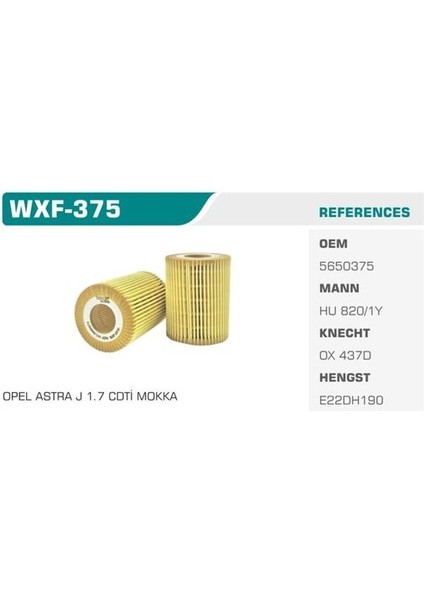 WXF-375 Yağ Filtresi Astra H J Corsa D Zafira Meriva 1.7 Cdtı Kolı: 50 Ad FN1115