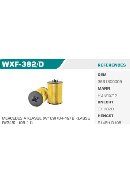 WXF-382D Yağ Filtresi Mercedes A Serisi A180 B Serisi B180 Kolı: 50 Ad