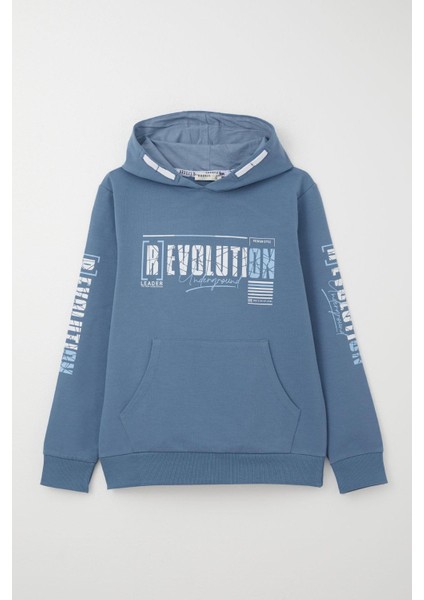 Erkek Çocuk Sweatshirt Kapüşonlu Kanguru Cepli 9-16 Yaş, Indigo