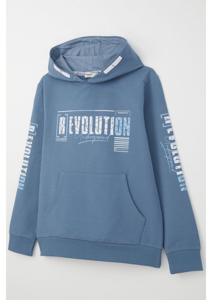Erkek Çocuk Sweatshirt Kapüşonlu Kanguru Cepli 9-16 Yaş, Indigo