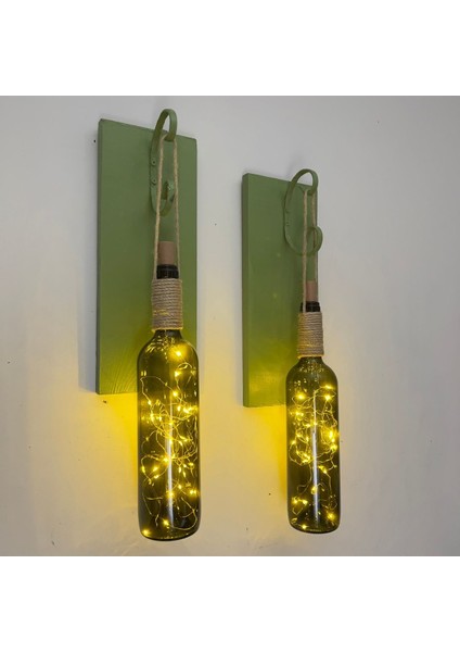 LED Işıklı Yeşil Ahşap Renkli Retro Şarap Şişesi Duvar Aplik 2'li Set