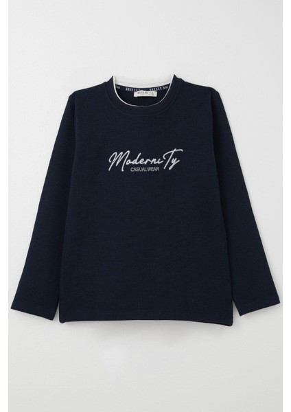 Erkek Çocuk Uzun Kollu Tişört Yazı Nakışlı 8-14 Yaş, Lacivert