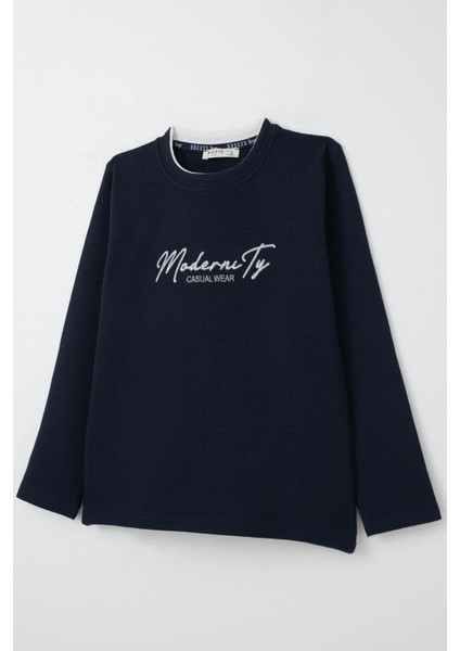 Erkek Çocuk Uzun Kollu Tişört Yazı Nakışlı 8-14 Yaş, Lacivert modelleri