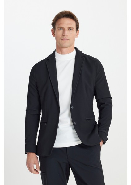 Slim Fit Dar Kesim Mono Yaka Fermuarlı Cepli Takım Elbise Ceketi