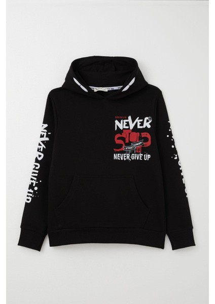 Erkek Çocuk Sweatshirt Kanguru Cepli Kapüşonlu 9-16 Yaş, Siyah