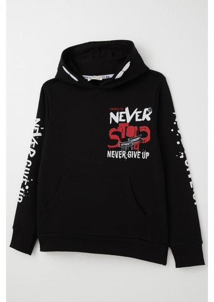 Erkek Çocuk Sweatshirt Kanguru Cepli Kapüşonlu 9-16 Yaş, Siyah