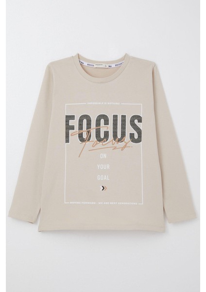 Erkek Çocuk Uzun Kollu Tişört Slogan Temalı Yazı Baskılı 6-12 Yaş, Bej