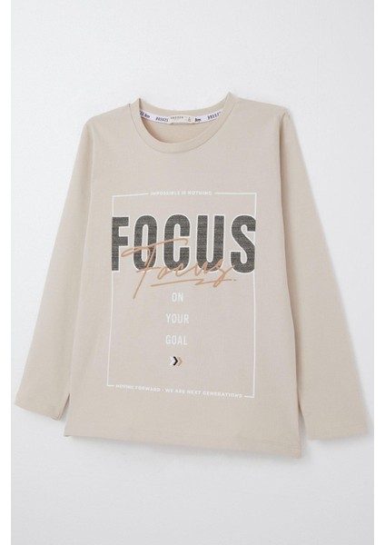 Erkek Çocuk Uzun Kollu Tişört Slogan Temalı Yazı Baskılı 6-12 Yaş, Bej modelleri