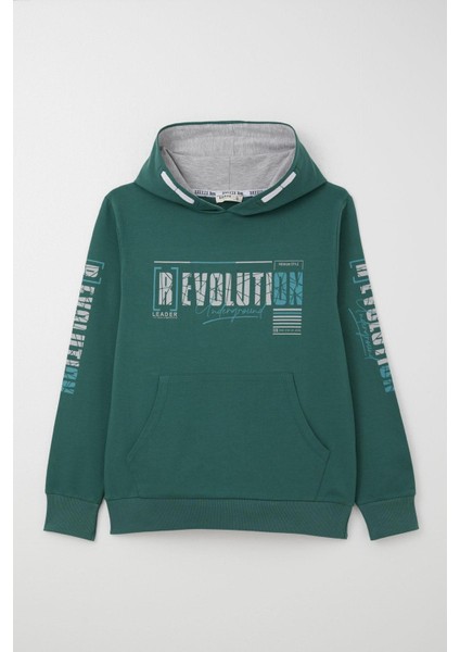 Erkek Çocuk Sweatshirt Kapüşonlu Kanguru Cepli 9-16 Yaş, Petrol Yeşili