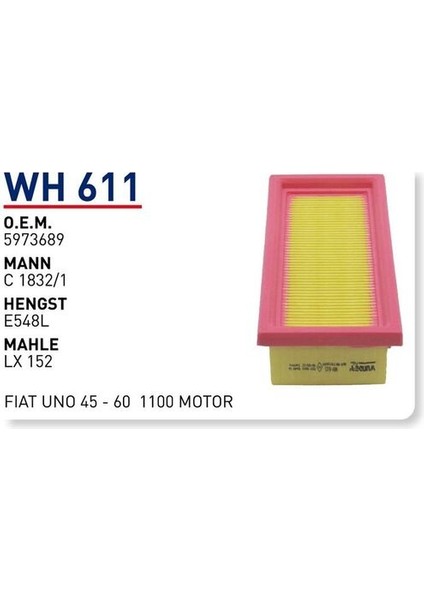 Wh611 Οem 5973689 Fiat uno 45-60 1100 Otomobil hava filtre air filter