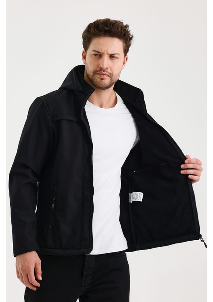 Siyah Erkek %100 Su Geçirmez Içi Polarlı Iç Çepli Çıkartılabilir Kapüşonlu Softshell Mont&kaban