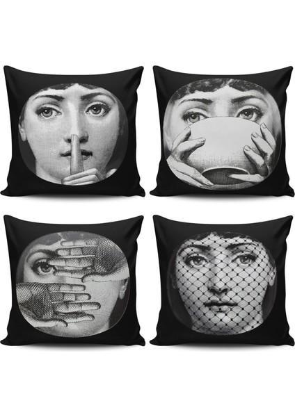 Kırlent Dünyası  4 Lü Kombinli Fornasetti Figürlü Dijital Baskılı Kırlent Kılıfı