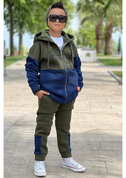 Erkek Çocuk Yazı Baskılı Kazak Çift Renk Ceket Haki-Gri Eşofman Takım