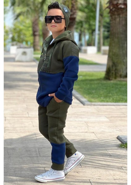 Erkek Çocuk Yazı Baskılı Kazak Çift Renk Ceket Haki-Gri Eşofman Takım fiyatları