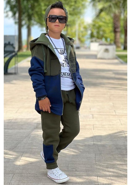 Erkek Çocuk Yazı Baskılı Kazak Çift Renk Ceket Haki-Gri Eşofman Takım modelleri