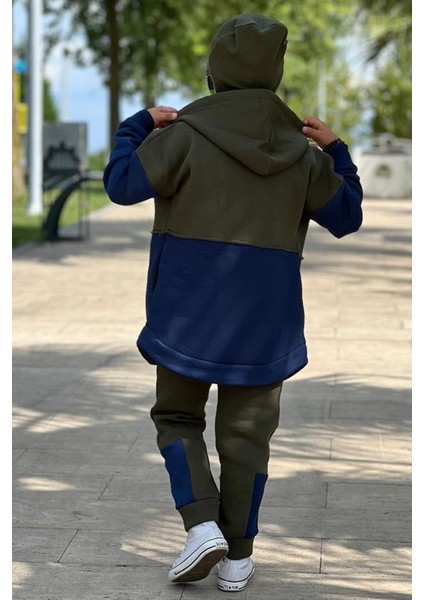 Erkek Çocuk Yazı Baskılı Kazak Çift Renk Ceket Haki-Gri Eşofman Takım indirimleri