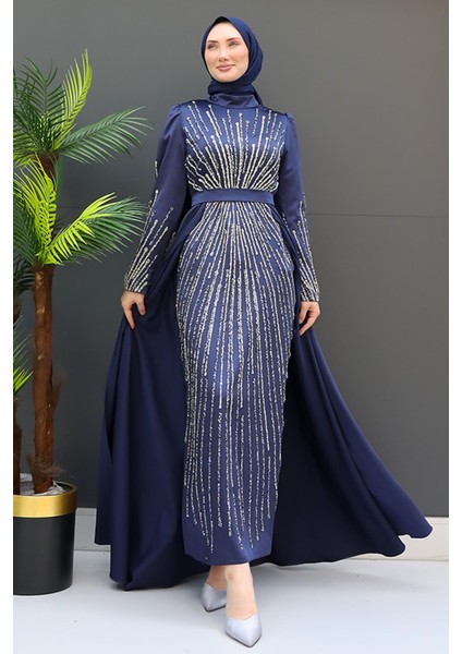 Moon Tesettür Abiye Lacivert modelleri