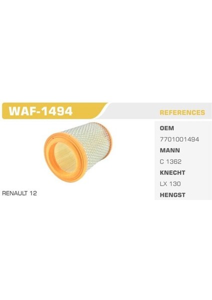 WAF-1494 Hava Filtresi Renault 12 Kolı: 50 Ad FN3002