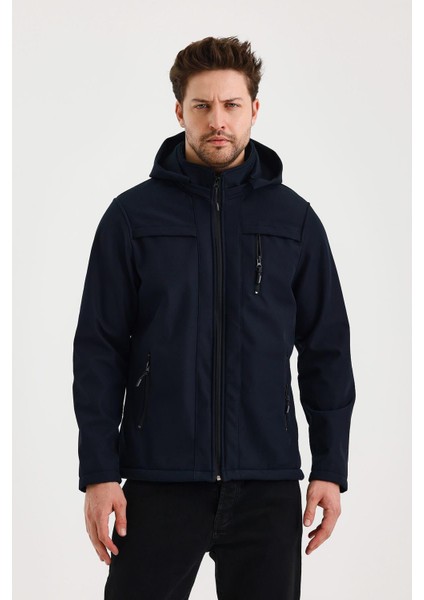 Lacivert Erkek %100 Su Geçirmez Içi Polarlı Iç Çepli Çıkartılabilir Kapüşonlu Softshell Mont&kaban