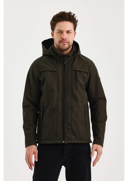 Yeşil Erkek %100 Su Geçirmez Içi Polarlı Iç Çepli Çıkartılabilir Kapüşonlu Softshell Mont&kaban