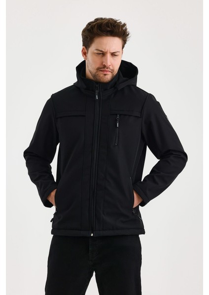 Siyah Erkek %100 Su Geçirmez Içi Polarlı Iç Çepli Çıkartılabilir Kapüşonlu Softshell Mont&kaban