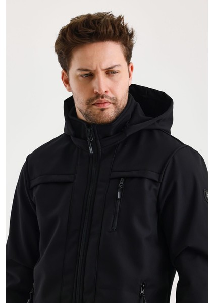 Siyah Erkek %100 Su Geçirmez Içi Polarlı Iç Çepli Çıkartılabilir Kapüşonlu Softshell Mont&kaban