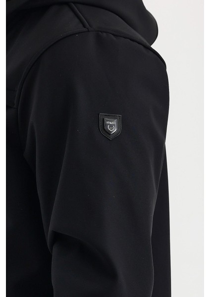 Siyah Erkek %100 Su Geçirmez Içi Polarlı Iç Çepli Çıkartılabilir Kapüşonlu Softshell Mont&kaban
