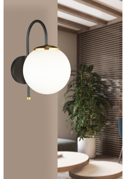 Siyah Baston Beyaz Glop Camlı Aşağı Bakan Modern Aplik